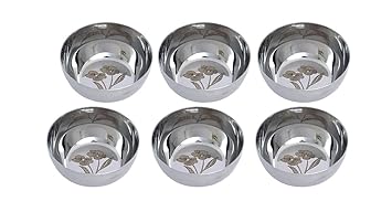 Stainless Steel Heavy Weight Laser Printed Flower Design Katori Bowls (Silver) -Set of 6