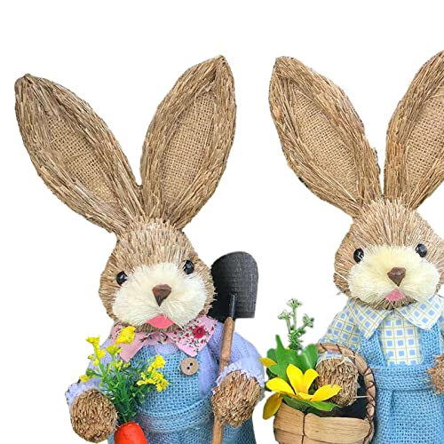 Esquirla 1 Pair Straw Bunny Figurine Easter Indoor Outdoor Farmhouse Easter Decoration Doll Wedding Home Garden Animal Sculpture Rabbit Ornament, Blue #TOP2