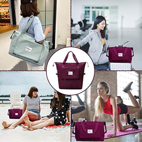 Image of HAKKU Large Capacity Folding Travel Bag, Travel Lightweight Waterproof Carry on Luggage Bags with Fixed Strap, Dry and Wet Separation Foldable Travel Duffel Bag for Women (Modern, Maroon)
