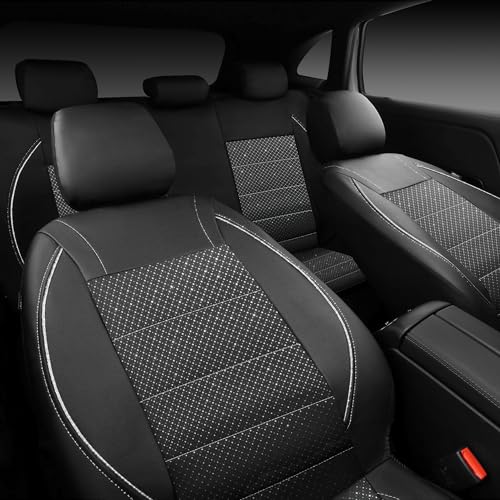 Image of CAR PASS Piping PU Leather Car Seat Cover Full Set, Inside Zipper Design and Reserved Opening Holes, Airbag Compatible,Universal FIT for Car, SUVs,Van,Trucks(Full Set, Black & Silver