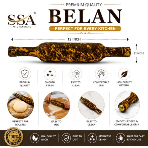 Image of SSA Waterproof MDF Chakla Belan Set | 10 Inch Waterproof Rolling Board with 12 Inch Wooden Belan | Handcrafted Marble Design | Non Slip Surface | Roti Chapati Paratha Puri Dough Roller | Yellow