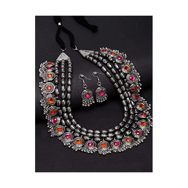 Shining Diva Fashion Latest Stylish Fancy Oxidised Silver Tribal Necklace Jewellery Set for Women (12164s), Multicolour, One - Image 5