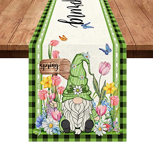 Hexagram Spring Table Runners 13x72 Inches for Coffee Table, Gnomes Linen Burlap Spring Table Runner for Kitchen Rustic Holiday Parties,Seasonal Spring Kitchen Decor for Dinnng Room
