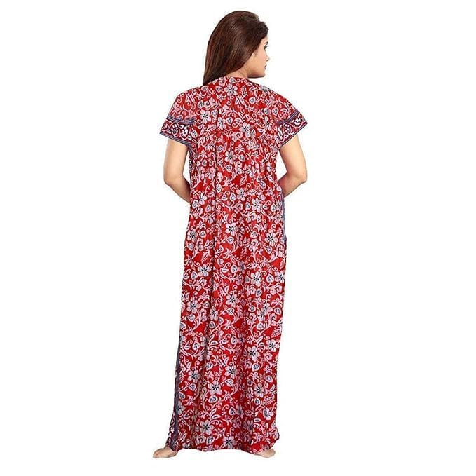 Image of NILOUFO Women's Cotton Printed Maxi Nighty - Pack of 2 | Soft Ankle-Length Sleepwear Gowns for Women | Free Size Night Dresses (Blue,Red, Free Size)