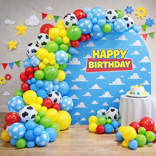 Image of Toy Inspired Story Balloons - 52pcs 12 Inch Red Blue Yellow Green Light Blue Cloud Cow Print Latex Balloons for Kids Boys Girls Inspired Birthday Story Football Farm Themed Party Decorations