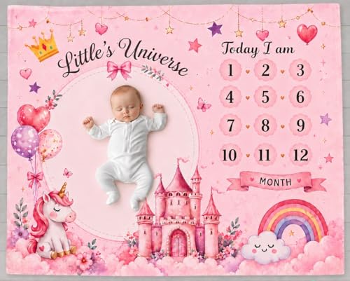 Image of Baby Monthly Milestone Photoshoot Blanket with Milestone Cards, Cotton, 115x95 cm, Animal Theme, 1-12 Months (Unicorn Pink)