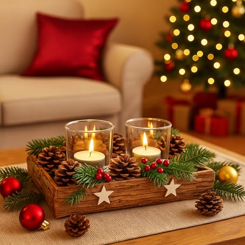 KAMACA Adventsgesteck mit Deko wie Tannenzapfen Beeren Holzumrandung und 2...