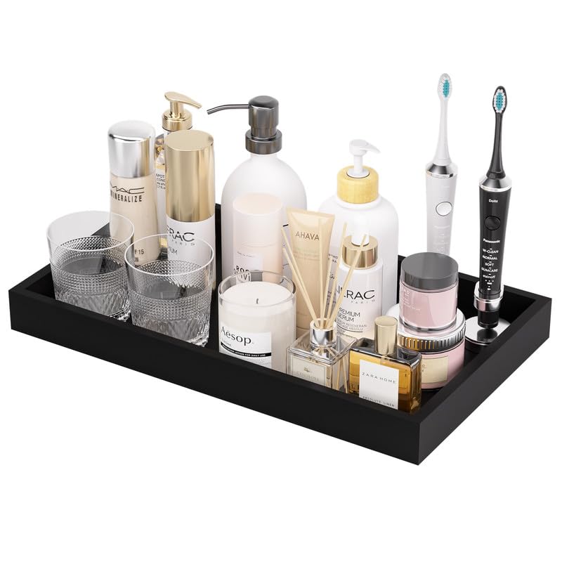 Image of ZHWS Black Bathroom Vanity Tray for Countertop Perfume Makeup Jewelry Candle Decor, Kitchen Tray for Soap Dispenser Spice Salt, Large Black Tray for Toilet Tank Paper, Serving Nightstand 13 inchx6.5 inch