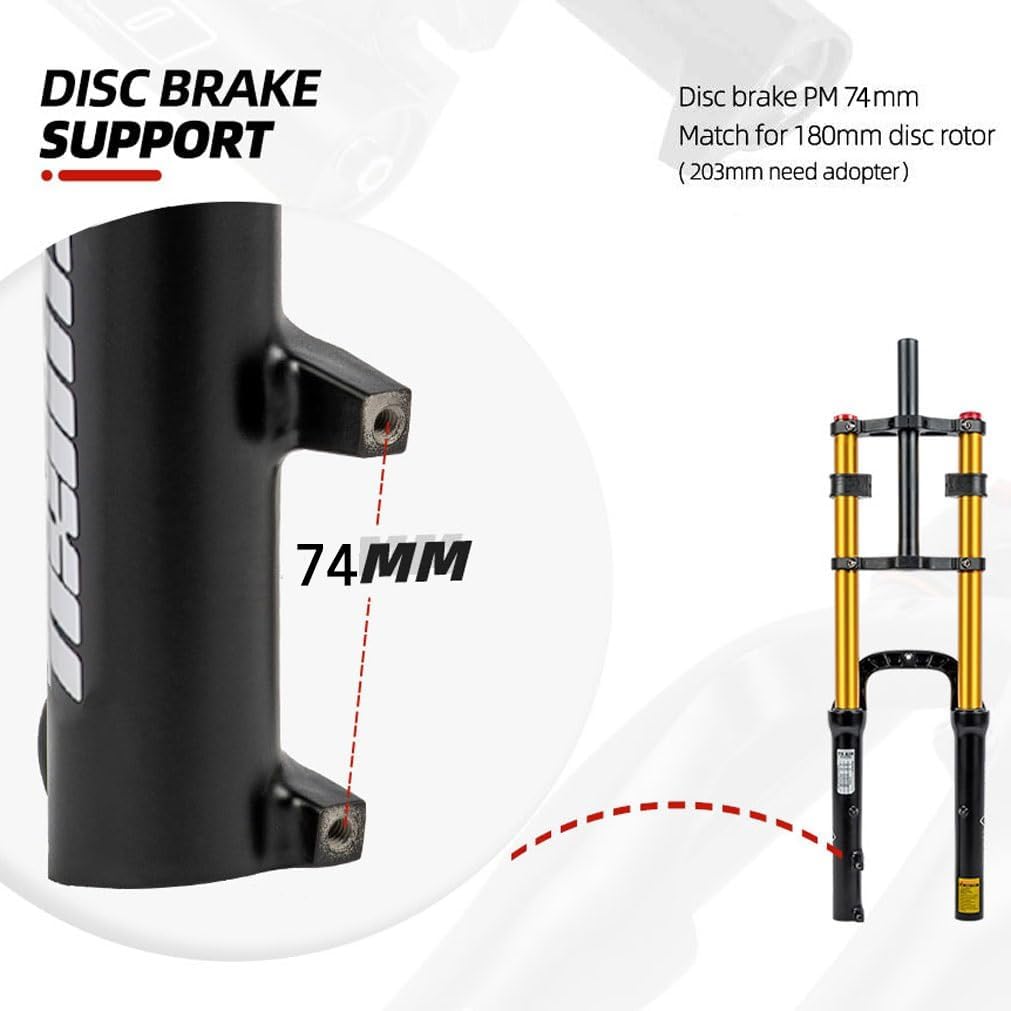 Close-up of the disc brake support on the fork leg, showing the 74mm post mount standard.