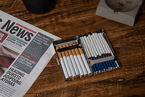 Image of Retro Metal Cigarette Case - Women and Men ，Portable Pocket Carrying Cigarette Box Case-Double Sided Spring Clip Open Pocket，Holds 14 Regular Size Cigarettes for 100mm Cigarettes (Silver)