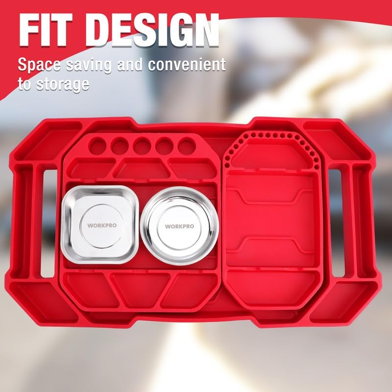 WORKPRO 5-Piece Non-Slip Tool Tray Set, 3-Piece Silicone Flexible Tools Organizers and 2-Piece Magnetic Parts Tool Tray, Tool Mat, Tool Holder, Tool Storage (Only Parts Tray Magnetic)