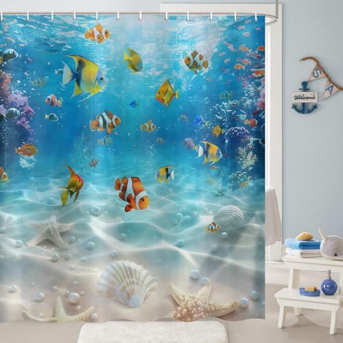 Hnmdmyi Rideau de Douche Océan Poisson 120x200, Poissons tropicaux sous-Marins Étoile de mer Coraux de Plage dans Les Profondeurs sous-Marines Monde Enfants...