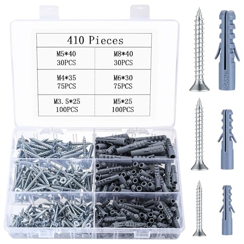 410 STK Beton Schrauben Dübel Set mit Schrauben, Dübel Schrauben Set, Gipskarton Schrauben und Dübel Set, Betonwand Schlagdübelset, Gipskartondübel mit selbstschneidende Schrauben, Holzschrauben Set