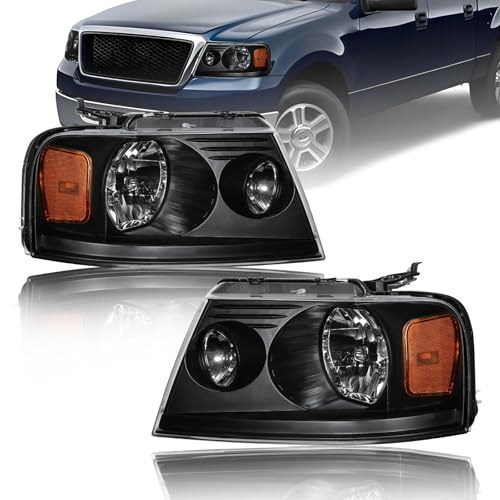 for 2004-2008 Ford F150 Headlight for 2006-2008 Lincoln Mark LT 2PC Front Lights Left Right Side Replacement Headlamps Black Housing Amber Reflector