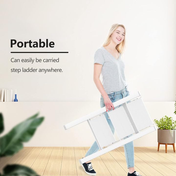 Image of SOLADDER Step Ladder 3 Step Folding, Small Step Stool for Adults, Portable Anti-Slip Iron Stepladder with Wide Pedals for Home and Kitchen Use, Space Saving - White (300 lbs)