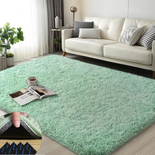 Green Rugs for Bedroom, 3x5 Feet Fluffy Area Rugs for Living Room, Soft Shag Kids Rug Small Carpet with 4 Non-Slip Rug Pads (3ft x 5ft, Green)