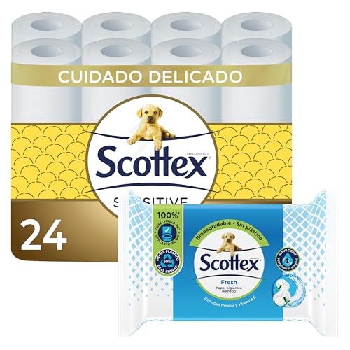 Scottex Papel Higiénico Sensitive 24 Rollos + Higiénico Húmedo Fresh 1 paquete (74 servicios)