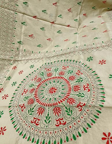 Image of SHRISTI CLOTHINGS Women's Hand Embroidered Cotton Silk Kantha Stitch Saree with Blouse Piece (SB420324 SWD60)