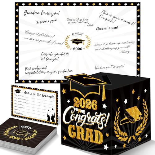 Image of Graduation Decorations Black and Gold 2026 - Guest Book Alternative, Graduation Cards Box with 36PCS Advice Cards, Signature Board Congrats Grad Decoration Graduation Supplies 2026