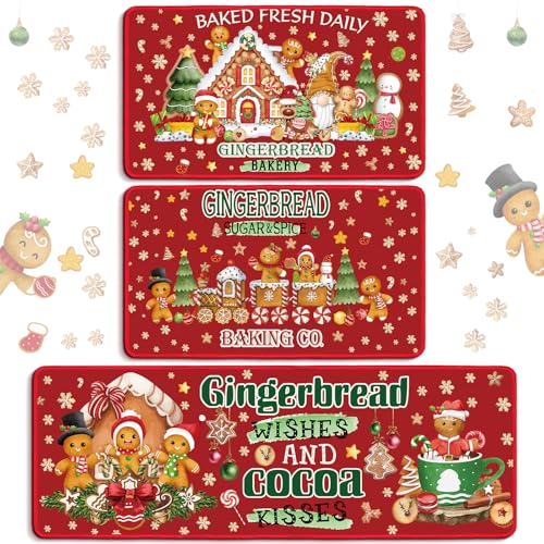 Drydiet Set di 3 tappeti e tappetini da cucina natalizi, antiscivolo, con omino di pan di zenzero, fiocchi di neve, bastoncini di canna, caramelle, per Natale, inverno, cucina, bagno, corridoio, porta