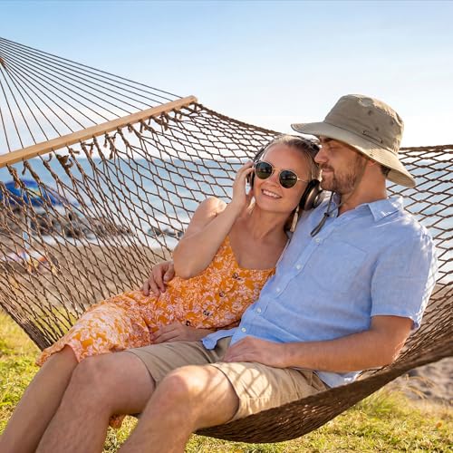 Image of SUNCREAT Hanging Backyard Rope Hammock with Spreader Bar, Carrying Bag, 450 lbs Capacity, Portable Two Person Hammock with Tree Hooks, Brown