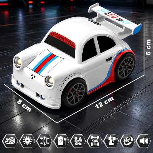 Image of VGRASSP 2.4GHz Rechargeable Mini RC Drift Stunt Car Toy for Kids with LED Headlights and Sound Effects - Interactive Remote Control Racing Car with Follow Me and Escape Mode - White