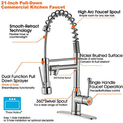 Kitchen Faucet With Pull Down Sprayer Nickel Brushed - Modern Single Handle High Arc,Single Level Brass Kitchen Sink Faucets With Deck Plate,Beelee Bl7091Np #TOP1