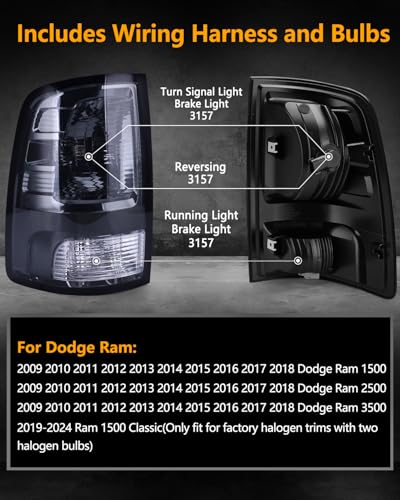 Image of OKLPF Rear Brake Tail Light Compatible With Dodge Ram 1500 2500 3500 2009-2018,Ram 1500 Classic 2019-2024,Included Bulbs,Replace Smoked Black Taillight Assembly fit Factory Halogen Trims Only