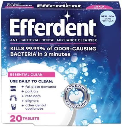 Efferdent Tabletas limpiadoras de dentaduras y retenedores, Essential Clean, 20 tabletas (paquete de 2)