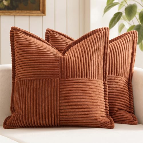 Image of MIULEE Fall Dark Rust Decorative Throw Pillow Covers for Couch Bed Livingroom 20x20 Inch Set of 2 Boho Accent Throw Pllows Broadside Striped Patchwork Soft Corduroy Pillowcases, Terracotta