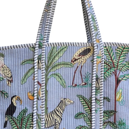 Image of 100% Cotton Jungle Print Shoulder Bag Tote Bag Women Reversible Shopping Bag and Grocery Bags Stylish Travel Bag Gift for Her
