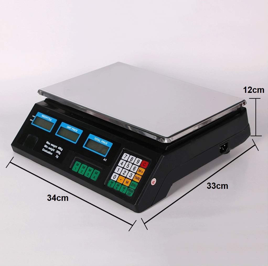 Bascula balanza Comercial para Pesar Fruta, verdura, carne. Peso 40kg 2 en 1 bateria interna y corriente 220V inalambrica pantalla delantera y trasera.