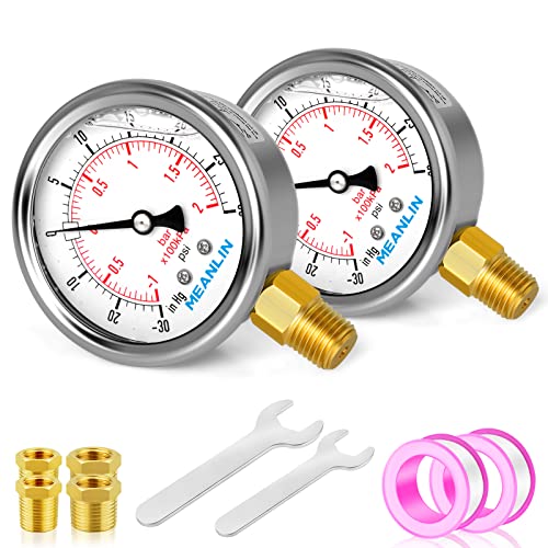 Image of MEANLIN MEASURE -30inHG~30Psi Stainless Steel 1 /4 inch NPT 2.5 inch FACE DIAL Vacuum Pressure Gauge, Lower Mount (Pack of 2), with 1 /2 inch NPT and 3 /8 inch NPT Hex Bushing
