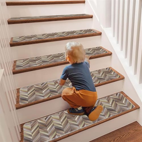 Surwin Alfombrillas de Escalera Antideslizantes 5/10 Pisadas para Escalones de Madera, 75x20 cm Estilo Madera Alfombras con Respaldo de Goma Antideslizantes Interiores (Caqui,5 Piezas)