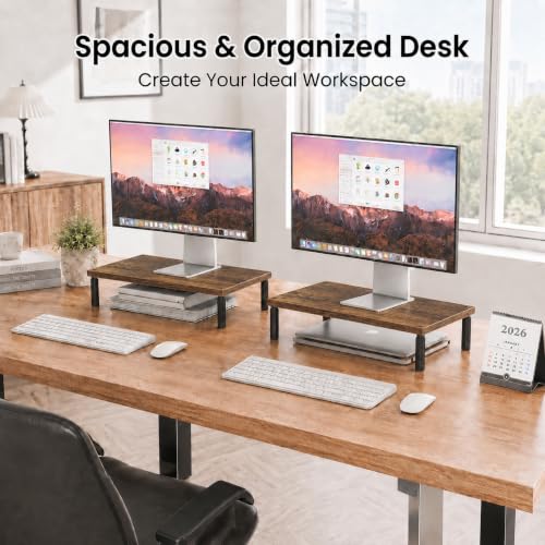 Image of OPNICE Adjustable Monitor Stand Riser for Desk, Wood Computer & Laptop Stand, Desk Organizers and Accessories, Office Desk Accessories & Workspace Organizer for Home Office Supplies, Brown 2-Pack
