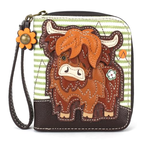 Image of CHALA Zip Around Wallet, Wristlet, 8 Credit Card Slots, Sturdy Pu Leather - Highland Cow - green stripe