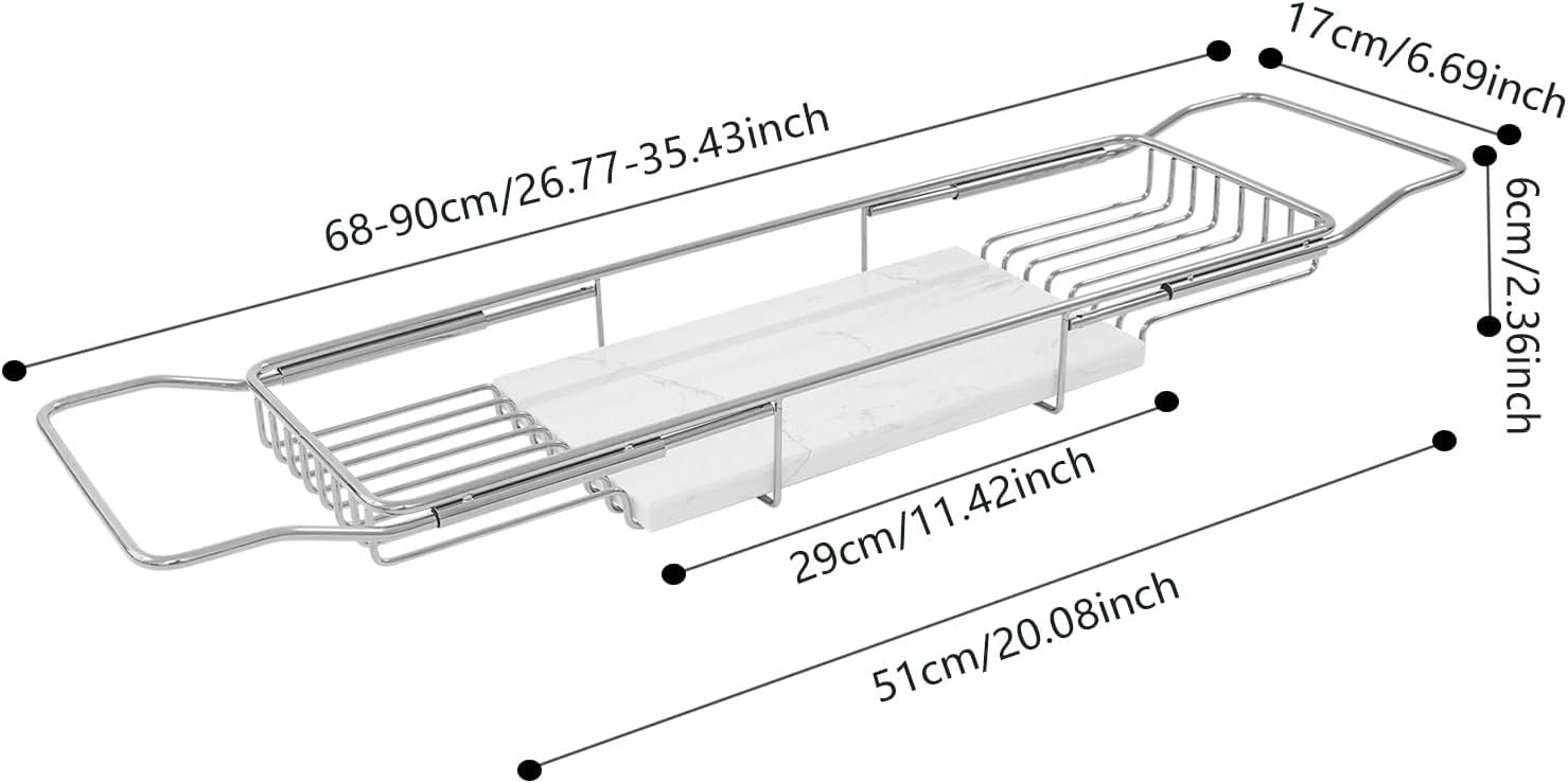 Bandeja Extensible de mármol para bañera de Acero Inoxidable | Bandeja extensible de acero inoxidable y mármol para bañera con soporte para libros, de 68 a 90 cm