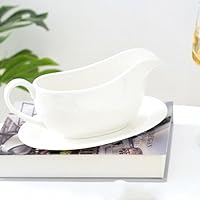 Vista 7 de Qlans Salsera con Cucharón y Platillo de 17 Oz, Salsera de Cerámica con Bandeja para Aderezos de Ensalada, Leche, Salsas Calientes, Crema, Caldo