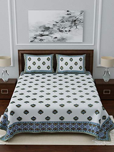 Image of Living Roots Ethnic Rajasthani /Jaipuri /Sanganeri Block Print 100% Cotton Super King Size 100 * 108 Bedsheet with 2 Pillow Covers (39A)