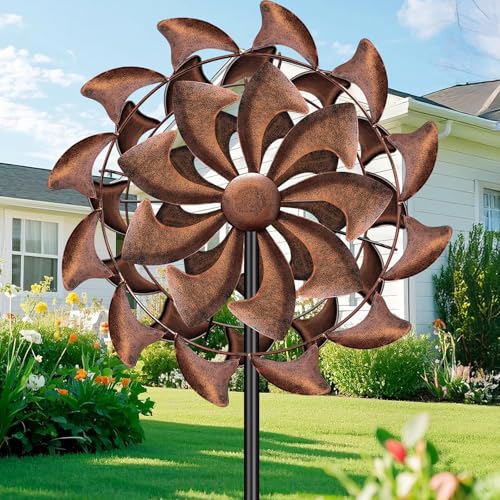 pearlstar Windrad Garten Rostfarbenes Metall Windspiel mit Gartenstecker Höhenverstellbares Windspiele für Draußen Stehend Gartendeko für Balkon Rasen und Terrasse