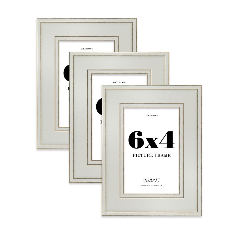 6x4 Light Grey Picture Frame - Shabby Chic Photo Frame with Distressed Finish, Gold Trim, Wall Hooks and Kickstand, 37mm Edge - 3 Pack