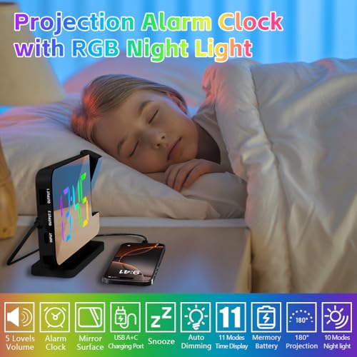 Adiwo Projection Alarm Clock, Digital Alarm Clock, LED Clock with 180° Rotating Projector, 7.4 Inch LED Mirror Clock - Image 2