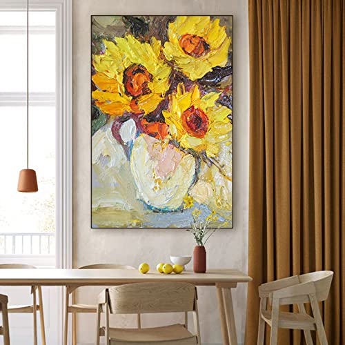 Peinture abstraite fleur rose et tournesol sur toile