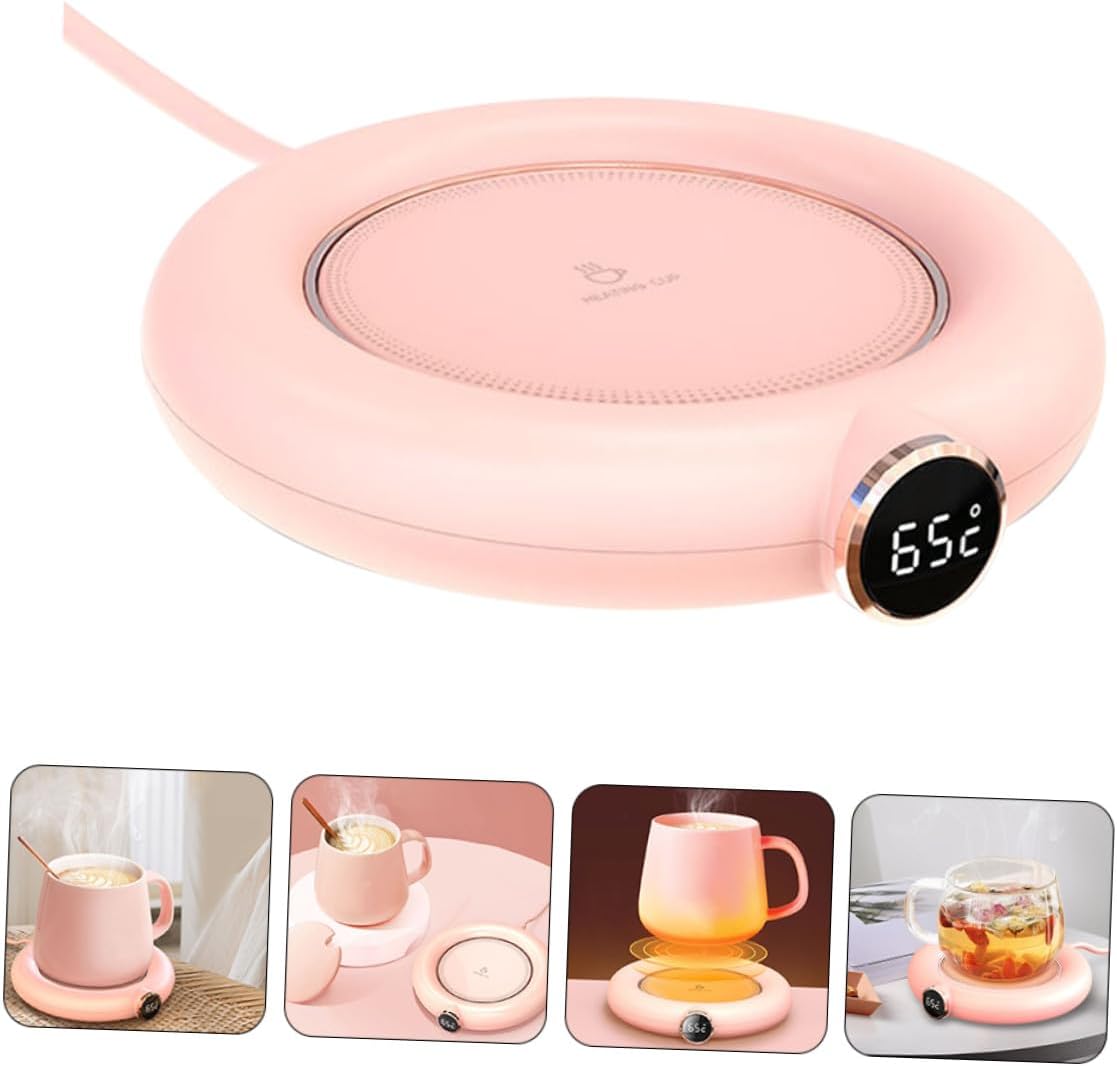 USB Coffee Mug Warmer with Digital Display Temperature Control Heated Cup Pad for Desk and Home Use Compact Pink Insulation Mat for Hot Drinks and Milk