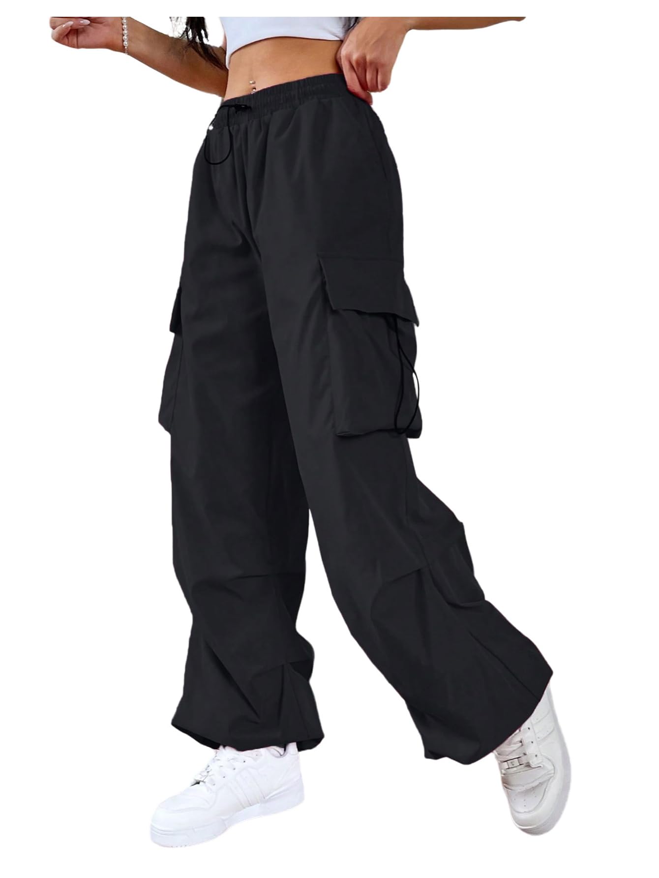 SweatyRocks Womens Drawstring Elastic Waist Loose Pants Casual Flap Pocket Cargo Pants Trousers