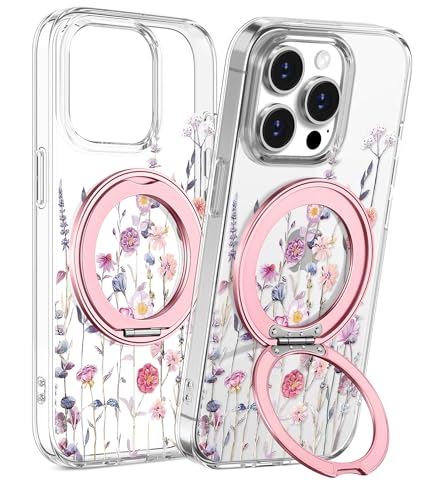 Loheckle for iPhone 13 Pro Case with Stand- Compatible with MagSafe Women Girls Cute Clear Girly Aesthetic Unique Design Soft TPU Magnetic Ring Phone Cover for Apple 13 Pro Purple Flower