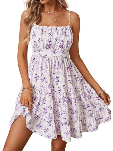 Image of Verdusa Women's Floral Print Dress Summer Dress Ruched Sleeveless Ruffle Hem A Line Cami Sundress