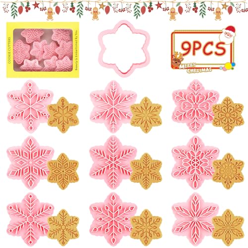 Lets Joy Moldes Galletas Navidad, 9 Piezas Cortador de Galletas de Copo de Nieve, Molde Galletas para Niños, Moldes para Galletas 3D, Cortador de Pastel de Galletas para Decorar Torta Dulces Galleta