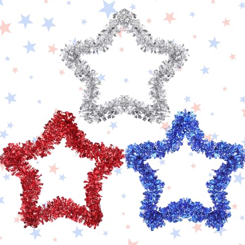 Image of 3 Pcs 4th of July Wreath for Front Door Patriotic Tinsel Wreath Star Tinsel Patriotic Garland Red White and Blue Garland for Memorial Day Independence Day Wall Window Home Party Supplies