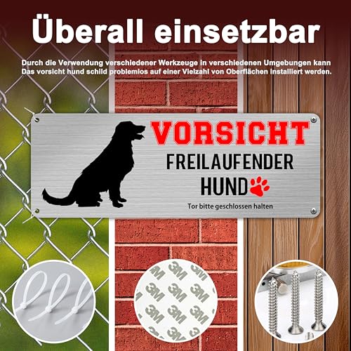 Yezirzax Vorsicht Freilaufender Hund, 2 Stück 25x10cm Achtung Hund Schild, Vorsicht Bissiger Hund Schild Warnschild Hund Aluminium mit Selbstklebend und Vorgebohrten Löchern